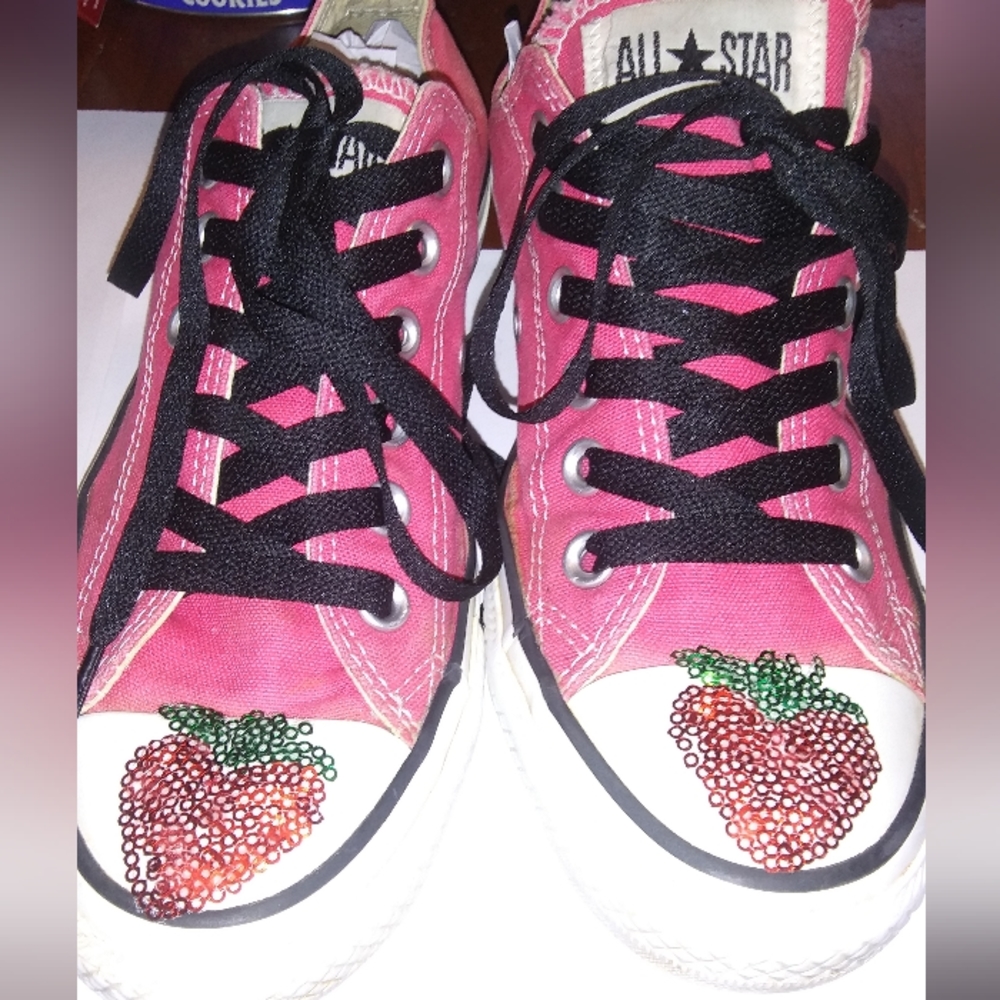 Pink strawberry Converse upcycled glitter sequins 5